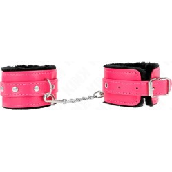 Kink Wrist Restraint KINK - PREMIUM FUR LINED WRIST RESTRAINTS BLACK WITH RASPBERRY ROSE BELT ADJUSTABLE 17-29 CM X 6 CM