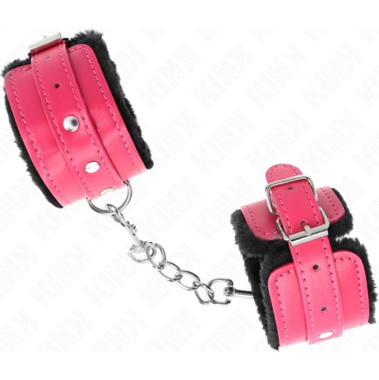 Kink Wrist Restraint KINK - PREMIUM FUR LINED WRIST RESTRAINTS BLACK WITH RASPBERRY ROSE BELT ADJUSTABLE 17-29 CM X 6 CM