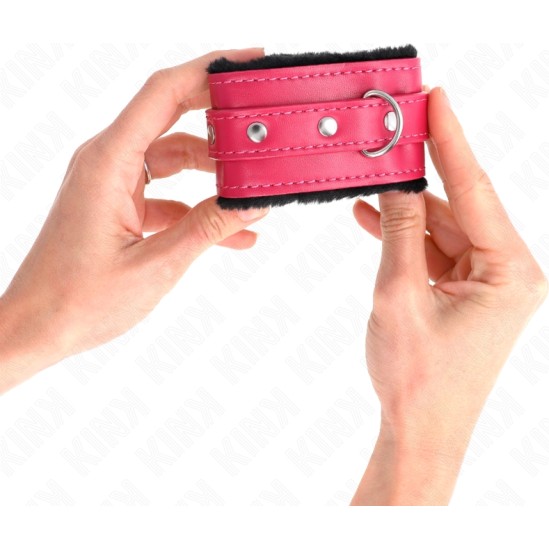 Kink Wrist Restraint KINK - PREMIUM FUR LINED WRIST RESTRAINTS BLACK WITH RASPBERRY ROSE BELT ADJUSTABLE 17-29 CM X 6 CM