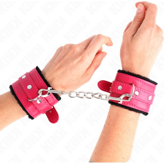 Kink Wrist Restraint KINK - PREMIUM FUR LINED WRIST RESTRAINTS BLACK WITH RASPBERRY ROSE BELT ADJUSTABLE 17-29 CM X 6 CM