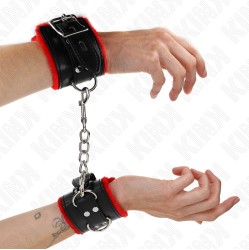Kink Wrist Restraint KINK - FUR LINED WRIST RESTRAINTS WITH SQUARE HOLES RED AND BLACK BELT ADJUSTABLE 17-29 CM X 6 CM