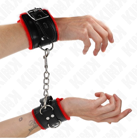 Kink Wrist Restraint KINK - FUR LINED WRIST RESTRAINTS WITH SQUARE HOLES RED AND BLACK BELT ADJUSTABLE 17-29 CM X 6 CM