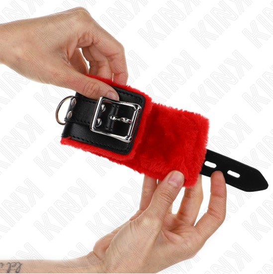 Kink Wrist Restraint KINK - FUR LINED WRIST RESTRAINTS WITH SQUARE HOLES RED AND BLACK BELT ADJUSTABLE 17-29 CM X 6 CM