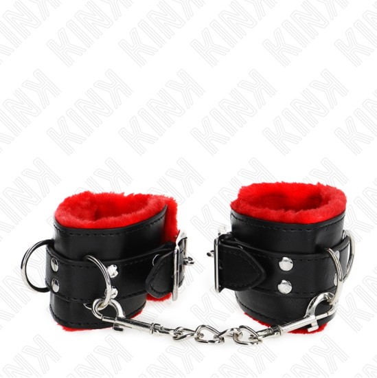 Kink Wrist Restraint KINK - FUR LINED WRIST RESTRAINTS WITH SQUARE HOLES RED AND BLACK BELT ADJUSTABLE 17-29 CM X 6 CM