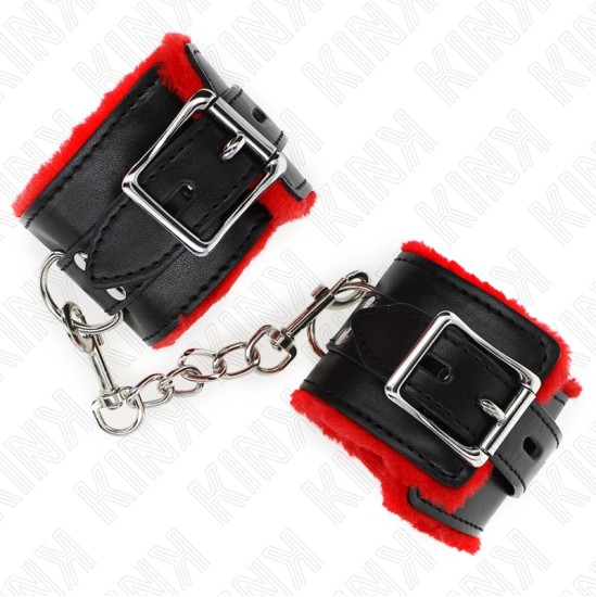 Kink Wrist Restraint KINK - FUR LINED WRIST RESTRAINTS WITH SQUARE HOLES RED AND BLACK BELT ADJUSTABLE 17-29 CM X 6 CM