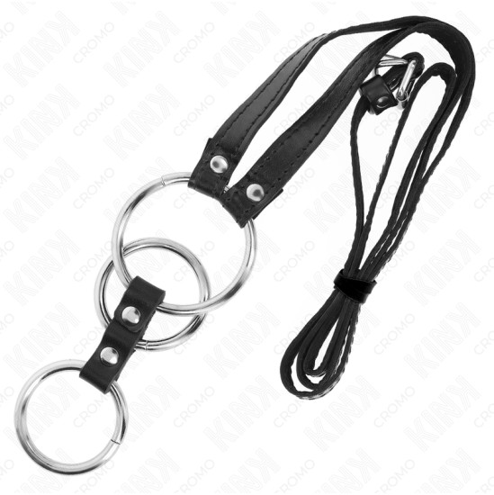 Kink Ring Power KINK - TRIPLE METAL PENIS RING 3.8 CM TO 5 CM WITH LEATHER BELT 112 CM