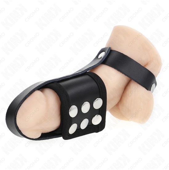 Kink Ring Power KINK - LEATHER PENIS CAGE RING WITH ADJUSTABLE COATED BALL DIVIDER STRAP