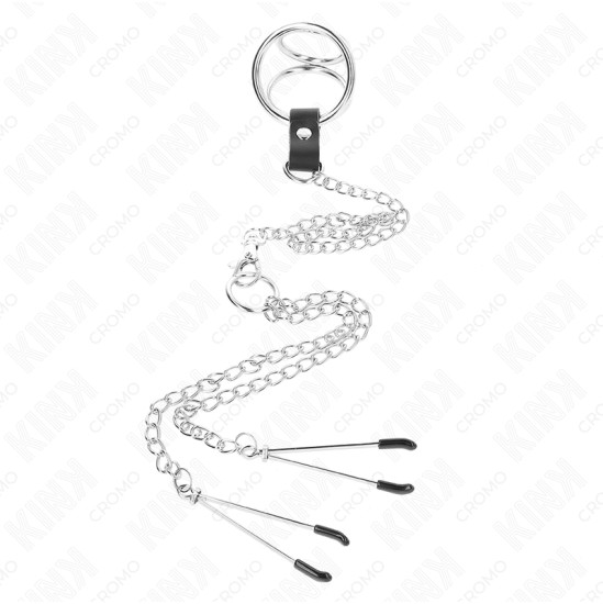 Kink Ring Power KINK - TRIPLE CHROME METAL PENIS RING 3.8 CM TO 5 CM WITH 26 CM METAL CHAIN AND NIPPLE CLAMPS MODEL 2