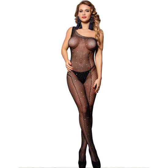 Subblime Bodystockings SUBBLIME - 952037 ONE SHOULDER FISHNET BODYSTOCKING WITH DIAMONDS BLACK ONE SIZE