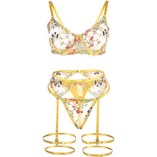 Subblime Sets SUBBLIME - 954352 BRA + THONG + GARTER BELT FLORAL DESIGN YELLOW L/XL