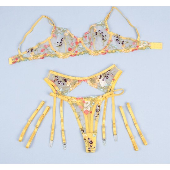 Subblime Sets SUBBLIME - 954352 BRA + THONG + GARTER BELT FLORAL DESIGN YELLOW L/XL
