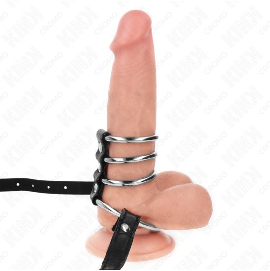 Kink Ring Power KINK - 5 PENIS RINGS 3.8 CM TO 5 CM METAL WITH LEATHER BELT 112 CM