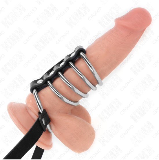 Kink Ring Power KINK - 5 PENIS RINGS 3.8 CM TO 5 CM METAL WITH LEATHER BELT 112 CM