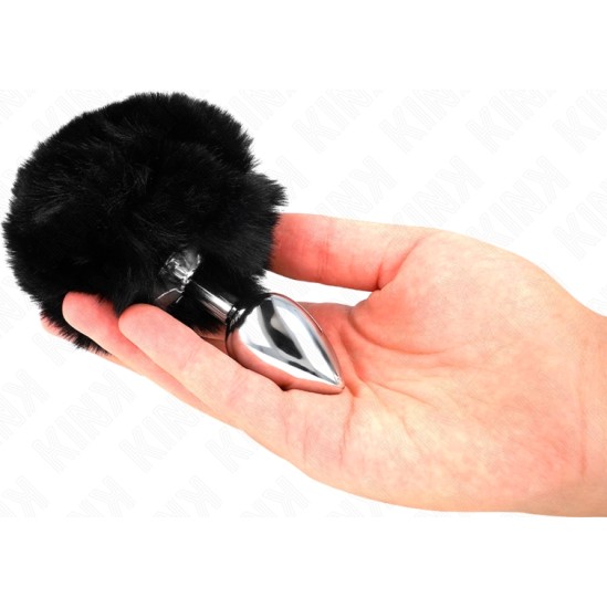 Kink Pleasure Plugs KINK - STAINLESS STEEL PLUG 7 x 3 CM WITH BLACK FAUX FUR RABBIT TAIL 8 CM