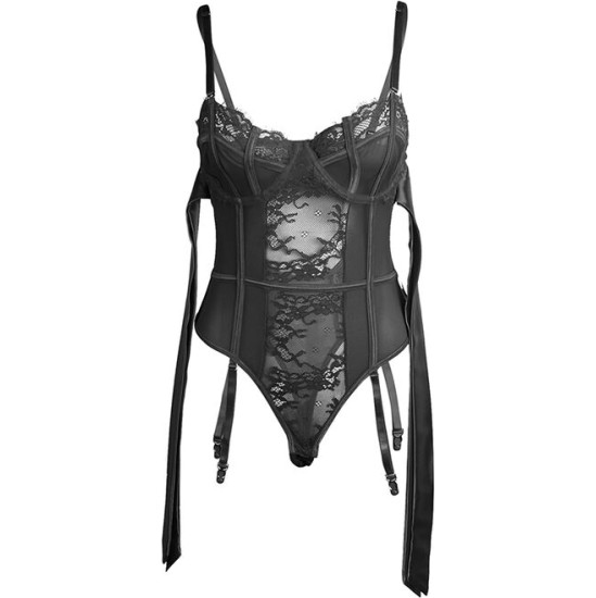 Subblime Bodies SUBBLIME - 955496 LACE BODYSUIT WITH BOWS AND GARTERS BLACK S/M