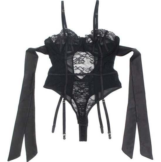 Subblime Bodies SUBBLIME - 955496 LACE BODYSUIT WITH BOWS AND GARTERS BLACK S/M