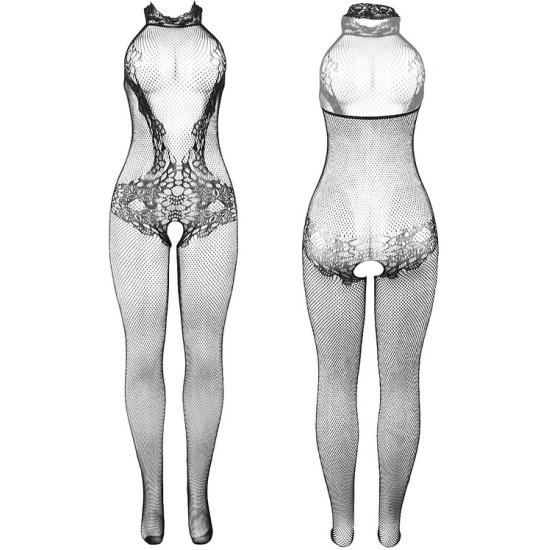Subblime Bodystockings SUBBLIME - 951801 FISHNET AND LACE CROTCHLESS BODYSTOCKING WITH HIGH NECK BLACK ONE SIZE