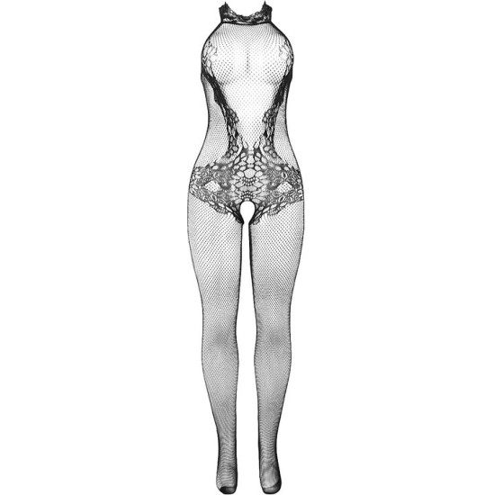 Subblime Bodystockings SUBBLIME - 951801 FISHNET AND LACE CROTCHLESS BODYSTOCKING WITH HIGH NECK BLACK ONE SIZE