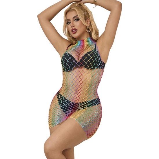 Subblime Dresses SUBBLIME - 952433 RAINBOW HIGH NECK SLEEVELESS FISHNET DRESS ONE SIZE