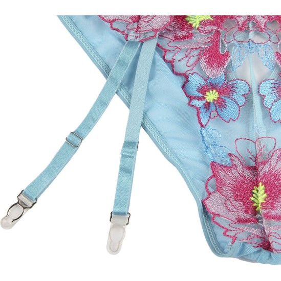 Subblime Sets SUBBLIME - 954109 BRA + PANTIES WITH GARTER BELT FLORAL DESIGN BLUE S/M