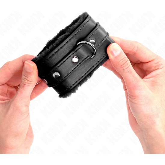 Kink Wrist Restraint KINK - PREMIUM FUR LINED WRIST RESTRAINTS BLACK WITH BLACK BELT ADJUSTABLE 17-29 CM X 6 CM