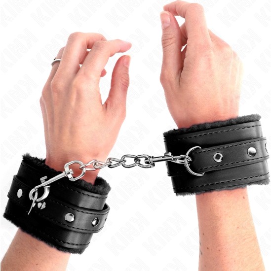Kink Wrist Restraint KINK - PREMIUM FUR LINED WRIST RESTRAINTS BLACK WITH BLACK BELT ADJUSTABLE 17-29 CM X 6 CM