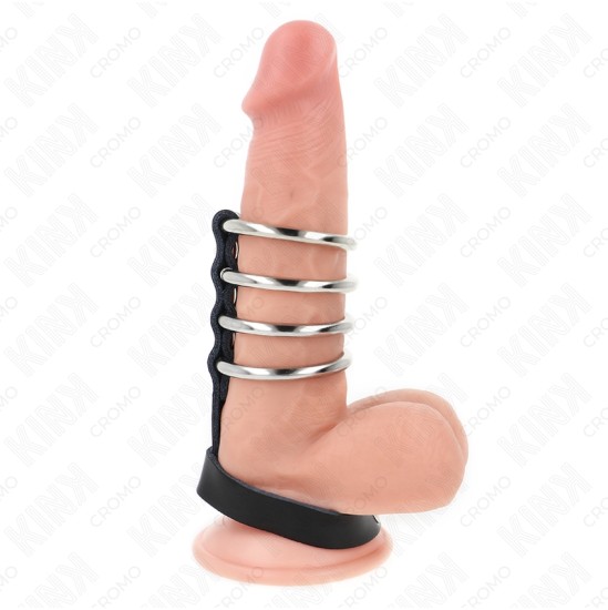 Kink Ring Power KINK - 4 METAL PENIS RINGS 3.8 CM CONNECTED WITH LEATHER STRAP 22 X 1.5 CM AND PRESSURE CLOSURE