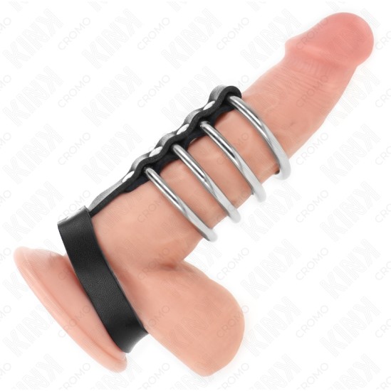 Kink Ring Power KINK - 4 METAL PENIS RINGS 3.8 CM CONNECTED WITH LEATHER STRAP 22 X 1.5 CM AND PRESSURE CLOSURE