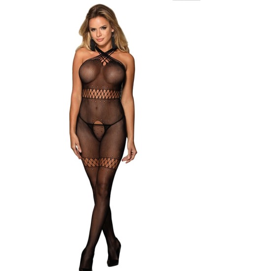 Subblime Bodystockings SUBBLIME - 951948 FISHNET BODYSTOCKING WITH CROSSED NECK STRAPS BLACK ONE SIZE