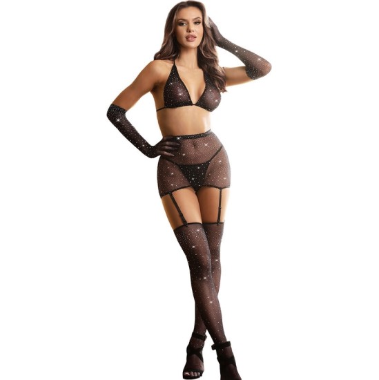 Subblime Bodystockings SUBBLIME - 952174 FISHNET BODYSTOCKING WITH GLOVES AND DIAMONDS BLACK ONE SIZE