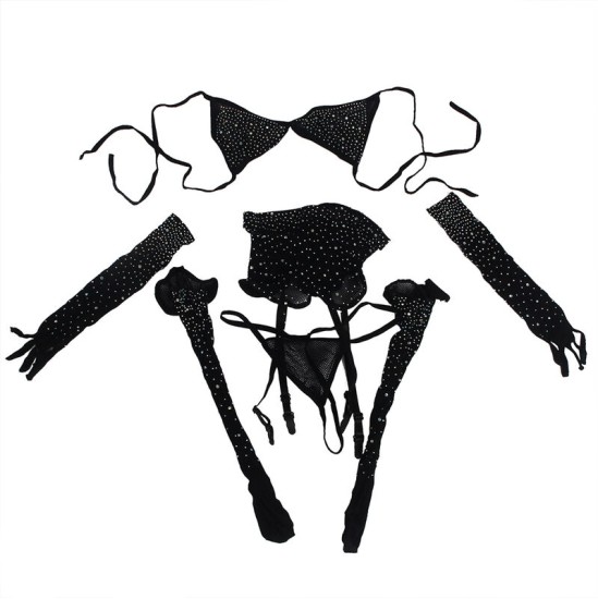 Subblime Bodystockings SUBBLIME - 952174 FISHNET BODYSTOCKING WITH GLOVES AND DIAMONDS BLACK ONE SIZE