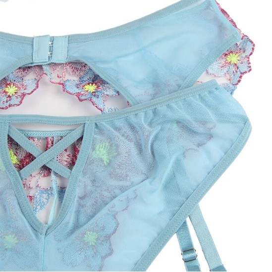 Subblime Sets SUBBLIME - 954116 BRA + PANTIES WITH GARTER BELT FLORAL DESIGN BLUE L/XL