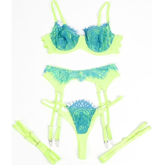Subblime Sets SUBBLIME - 955328 BRA SET WITH LACE AND GARTER LINES GREEN AND BLUE L/XL