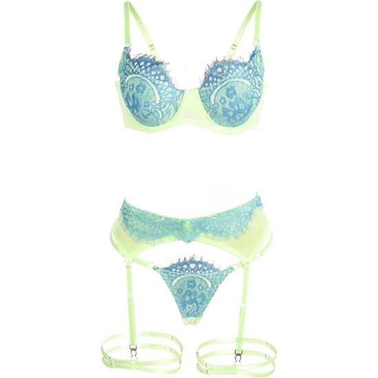 Subblime Sets SUBBLIME - 955328 BRA SET WITH LACE AND GARTER LINES GREEN AND BLUE L/XL