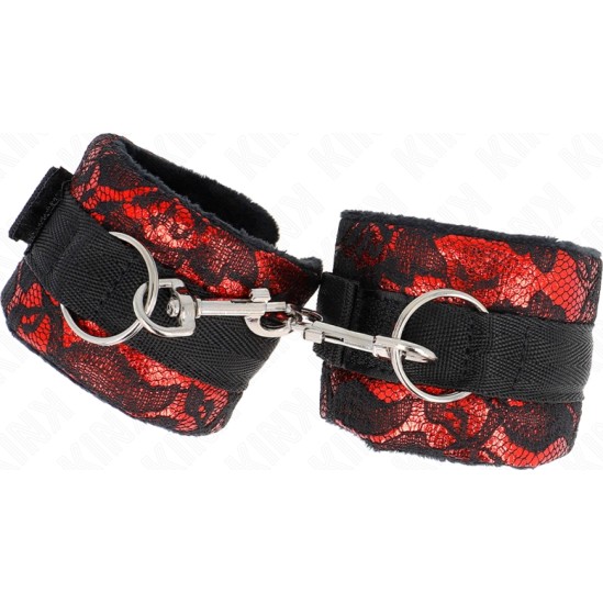 Kink Wrist Restraint KINK - SHORT VELVET LACE WRIST RESTRAINTS AND NYLON BIND RED / BLACK 23 X 6.5 CM