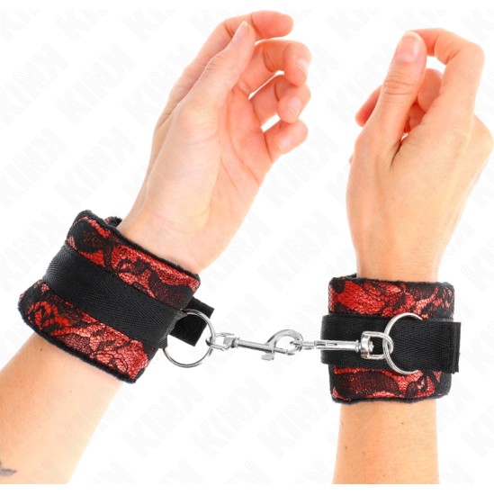 Kink Wrist Restraint KINK - SHORT VELVET LACE WRIST RESTRAINTS AND NYLON BIND RED / BLACK 23 X 6.5 CM