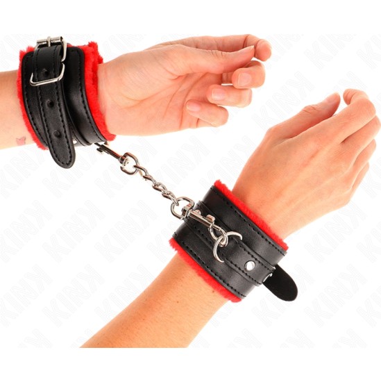 Kink Wrist Restraint KINK - PREMIUM FUR LINED WRIST RESTRAINTS RED WITH BLACK BELT ADJUSTABLE 17-29 CM X 6 CM