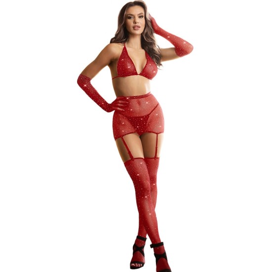 Subblime Bodystockings SUBBLIME - 952181 FISHNET BODYSTOCKING WITH GLOVES AND DIAMONDS RED ONE SIZE