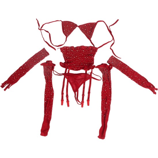 Subblime Bodystockings SUBBLIME - 952181 FISHNET BODYSTOCKING WITH GLOVES AND DIAMONDS RED ONE SIZE