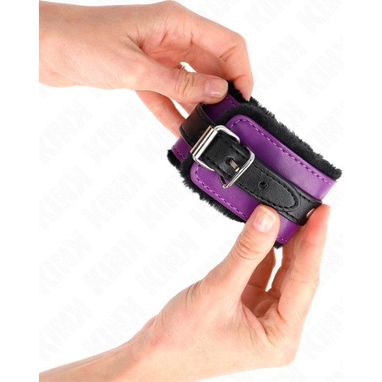 Kink Wrist Restraint KINK - PREMIUM FUR LINED WRIST RESTRAINTS BLACK WITH PURPLE / BLACK BELT ADJUSTABLE 17-29 CM X 6 CM