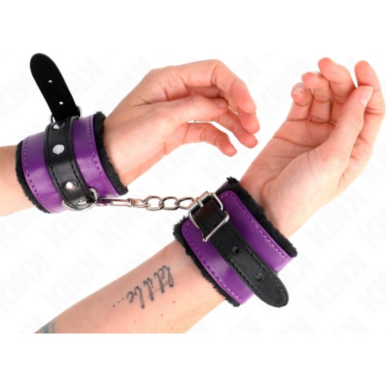 Kink Wrist Restraint KINK - PREMIUM FUR LINED WRIST RESTRAINTS BLACK WITH PURPLE / BLACK BELT ADJUSTABLE 17-29 CM X 6 CM