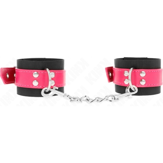 Kink Wrist Restraint KINK - NYLON WRIST RESTRAINTS BLACK WITH LEATHERETTE BELT RASPBERRY ROSE ADJUSTABLE 19-29 CM X 5.1 CM