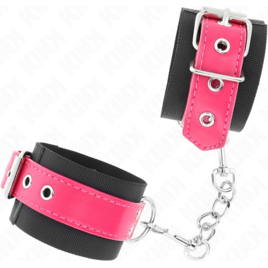 Kink Wrist Restraint KINK - NYLON WRIST RESTRAINTS BLACK WITH LEATHERETTE BELT RASPBERRY ROSE ADJUSTABLE 19-29 CM X 5.1 CM