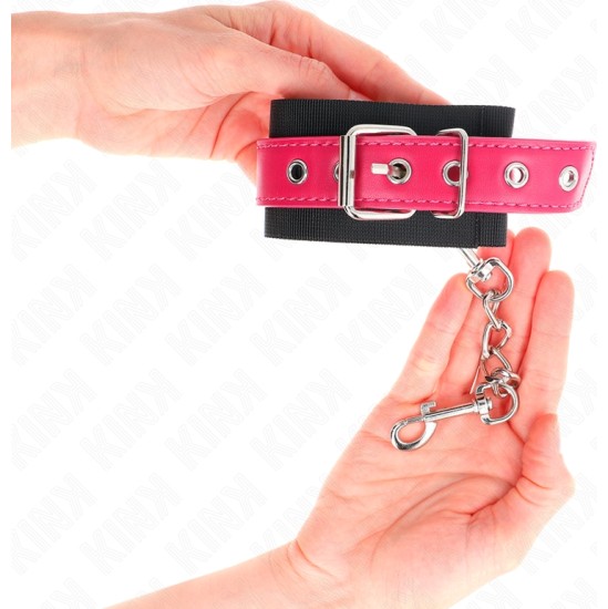 Kink Wrist Restraint KINK - NYLON WRIST RESTRAINTS BLACK WITH LEATHERETTE BELT RASPBERRY ROSE ADJUSTABLE 19-29 CM X 5.1 CM