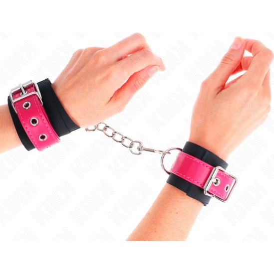 Kink Wrist Restraint KINK - NYLON WRIST RESTRAINTS BLACK WITH LEATHERETTE BELT RASPBERRY ROSE ADJUSTABLE 19-29 CM X 5.1 CM