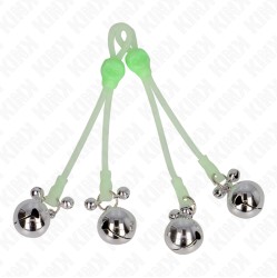 Kink Nipple Grip KINK - LUMINOUS SKULL NIPPLE CLAMPS WITH RING BELLS ADJUSTABLE GREEN / SILVER