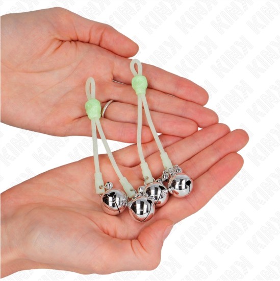 Kink Nipple Grip KINK - LUMINOUS SKULL NIPPLE CLAMPS WITH RING BELLS ADJUSTABLE GREEN / SILVER