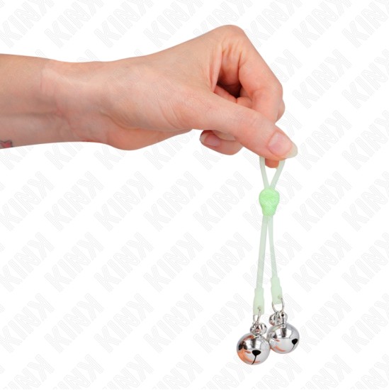 Kink Nipple Grip KINK - LUMINOUS SKULL NIPPLE CLAMPS WITH RING BELLS ADJUSTABLE GREEN / SILVER