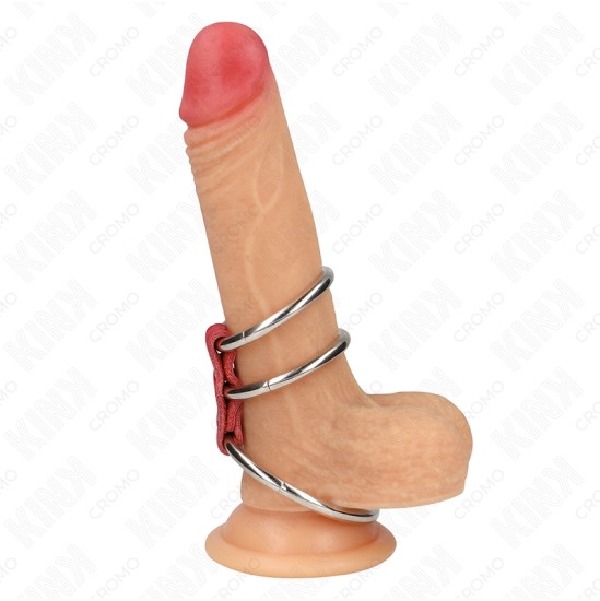 Kink Ring Power KINK - TRIPLE METAL PENIS RING 3.7 CM TO 5 CM CONNECTED WITH RED LEATHER