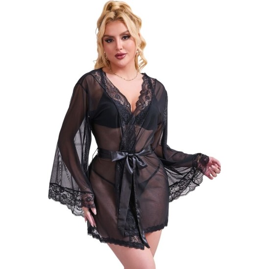 Subblime Babydolls SUBBLIME - TRANSPARENT FABRIC ROBE WITH LACE DETAIL BLACK S/M